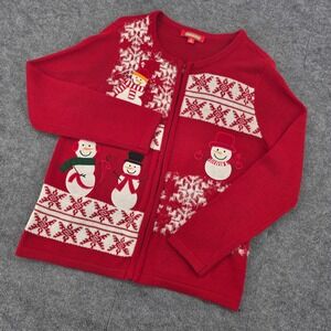 Holiday Traditions Red Snowman Zip Up Cardigan Sweater Womens Medium Christmas